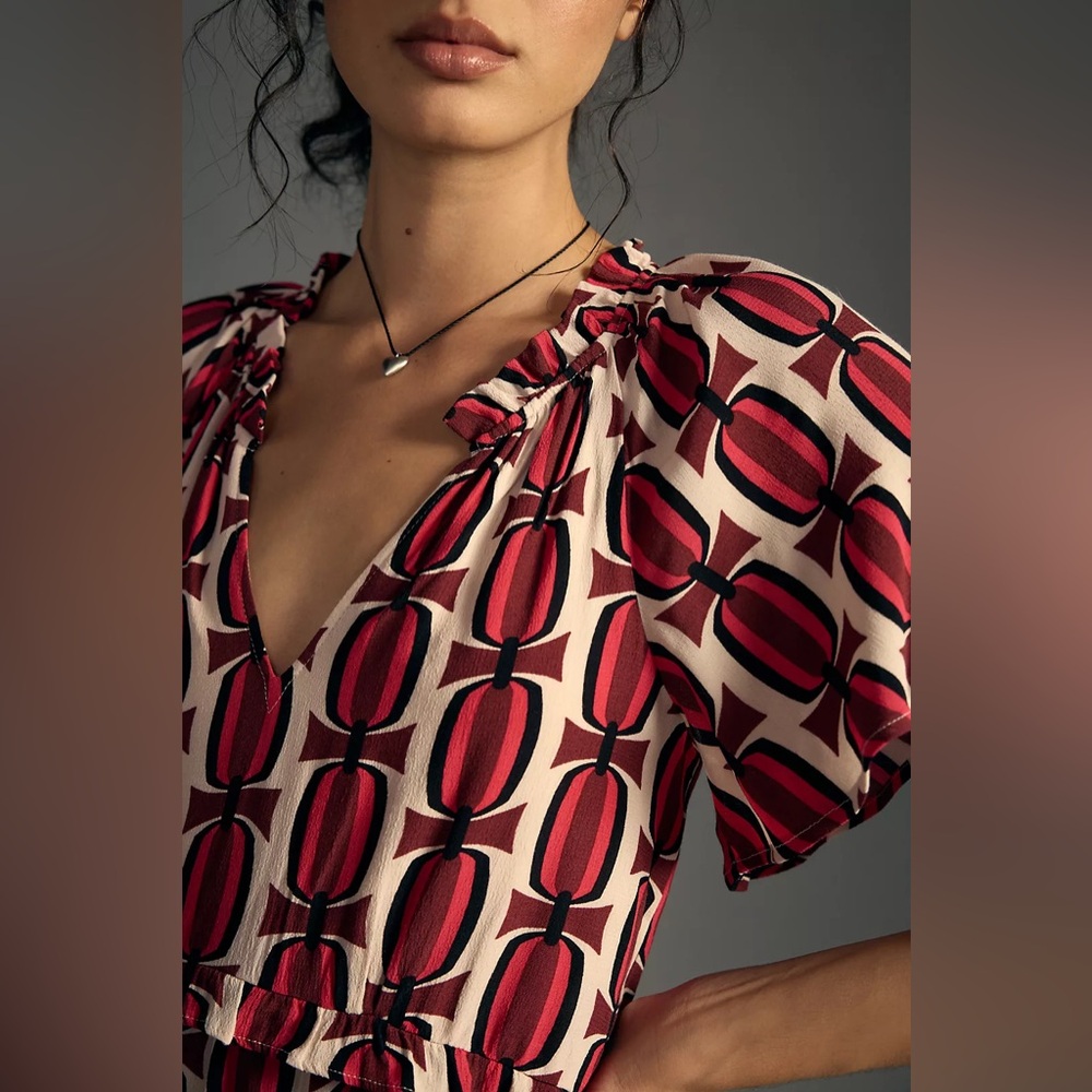 NWT Anthropologie Robin Tiered Flutter Sleeve Mini Dress Geometric Print Medium - Picture 3 of 9